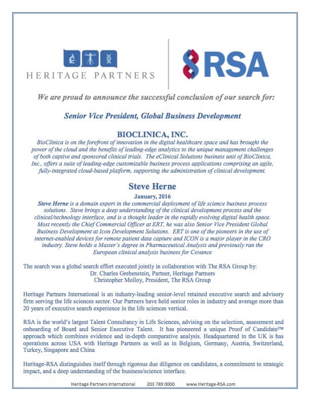 HPI-RSA Bioclinica-Steve Herne Announcement
